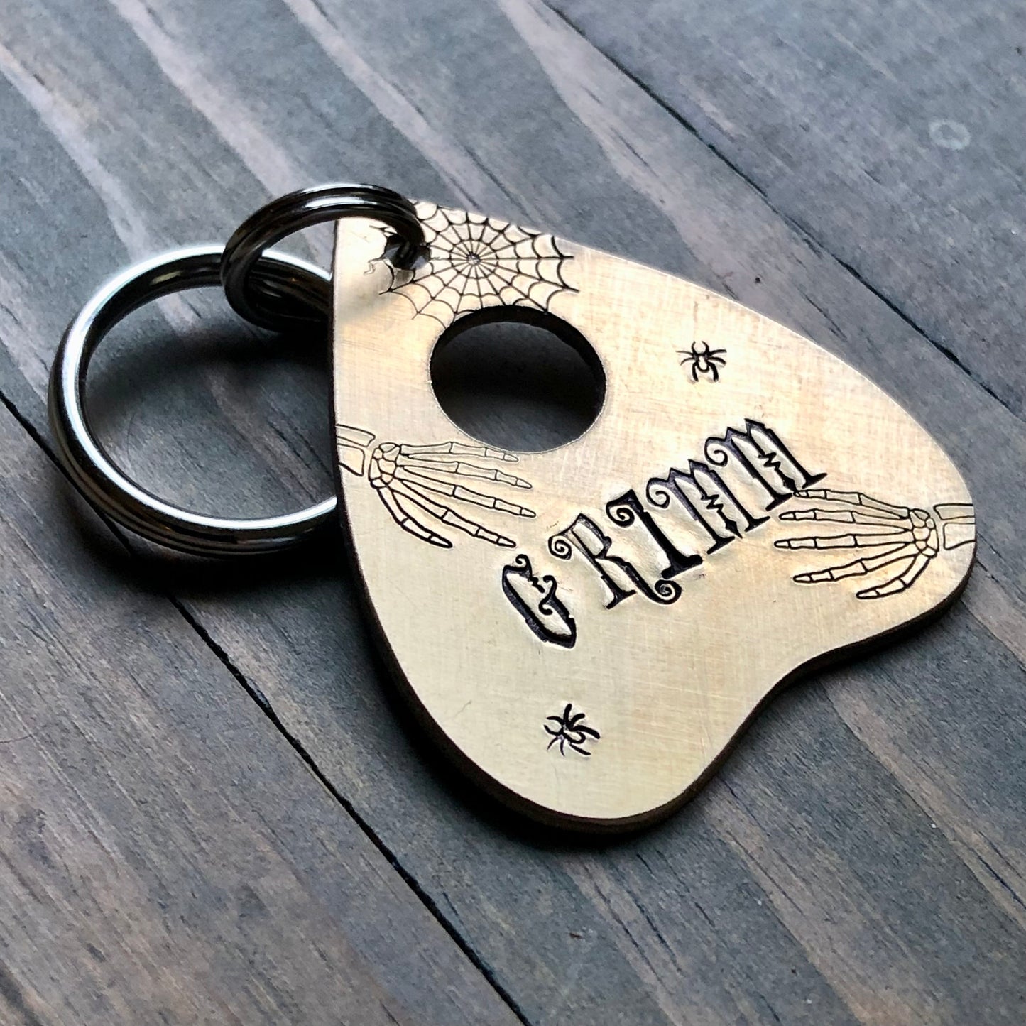 Custom Planchette Dog Tag with skeleton, Hand Stamped Pet ID, Personalized Dog Tag for Dog, Halloween Collar Tag, Tag with spiders and web