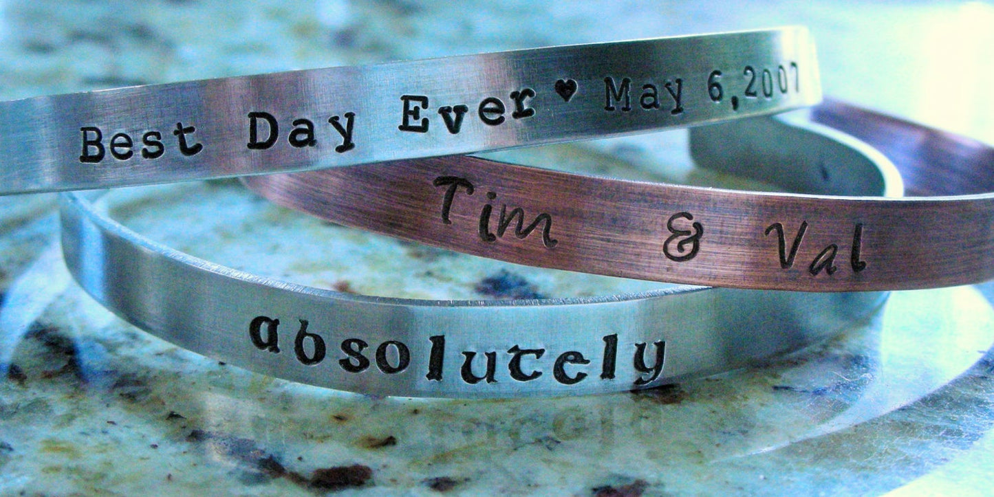 Custom Hand Stamped Stackable Cuff Bracelet-Personalized Bracelet in Copper, Aluminum And Bronze-Stackable Bracelets