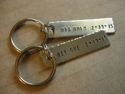 Couples Key Chain Set-Hand Stamped Couples Keychains-Her One His Only Gift for Valentines Day-Gift for Bride & Groom-Weddng Gift-Shower Gift