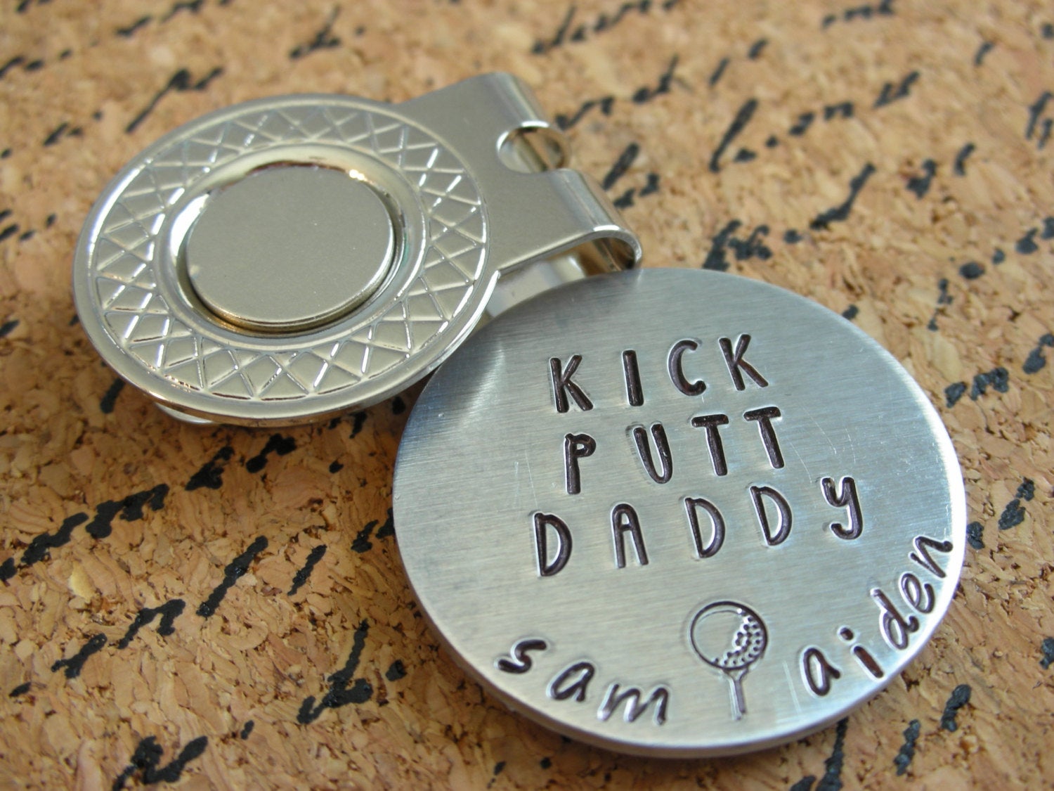 Personalized Golf Ball Marker-Magnetic Golf Ball Marker-Hand Stamped Golf Ball Marker with Hat Clip-Kick Putt Dad-Gift for Golfer