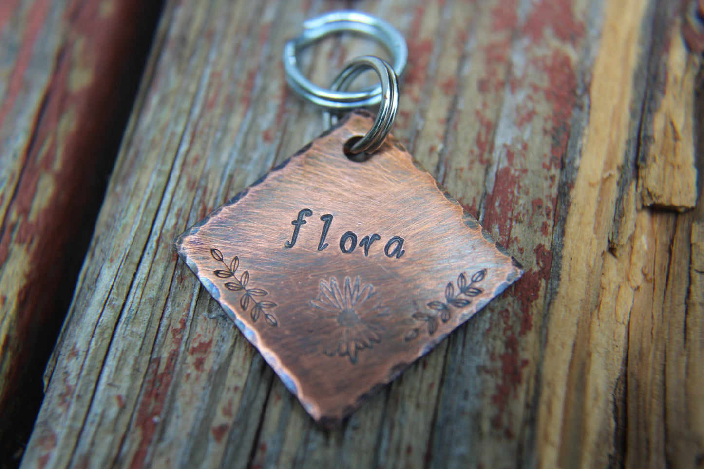 Custom Dog ID Tag, Flora, Hand Stamped Dog Tag, Tag with Daisy