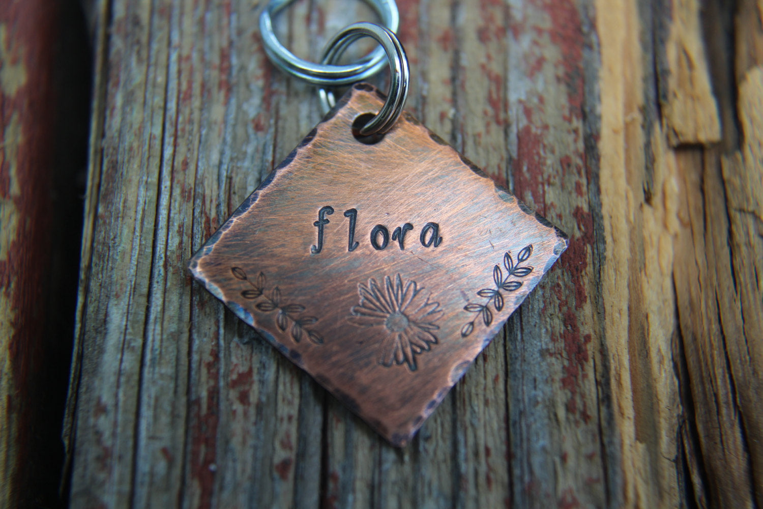 Custom Dog ID Tag, Flora, Hand Stamped Dog Tag, Tag with Daisy