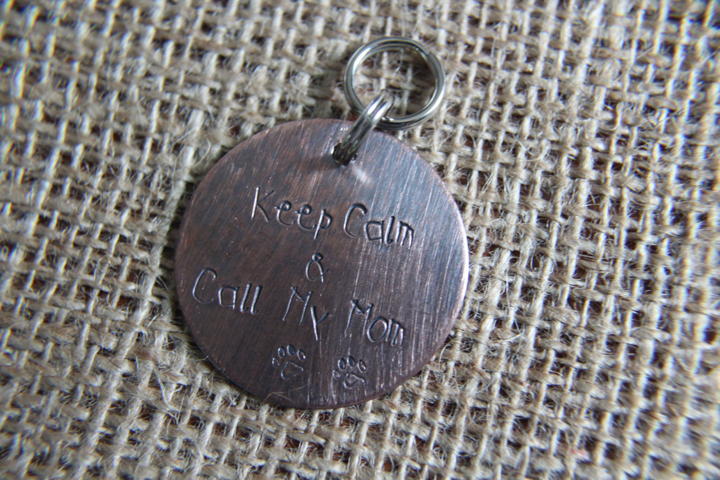 Custom Handstamped Dog/Pet ID Tag-Keep Calm and Call My Mom-Personalized Dog ID Tag