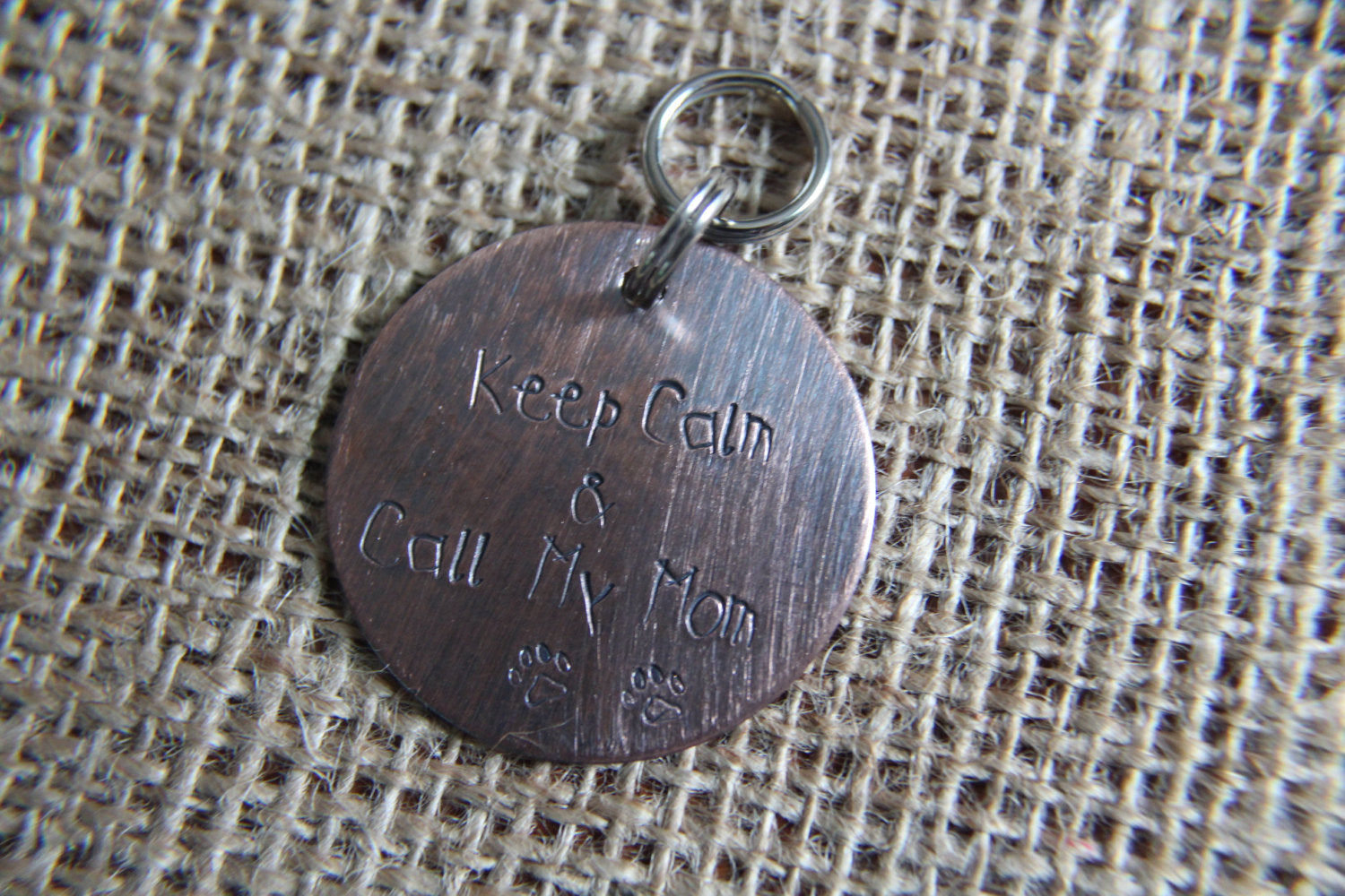 Custom Handstamped Dog/Pet ID Tag-Keep Calm and Call My Mom-Personalized Dog ID Tag