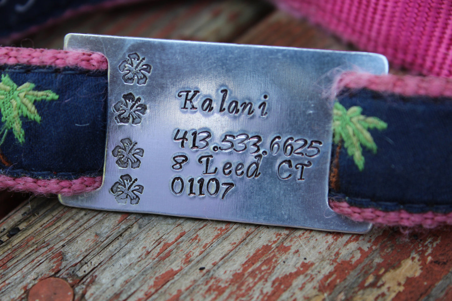 Custom Pet ID Quiet Tag, Slide On Dog ID Tag, Personalized Dog ID Tag, The Hibiscus