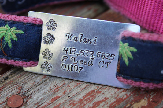 Custom Pet ID Quiet Tag, Slide On Dog ID Tag, Personalized Dog ID Tag, The Hibiscus
