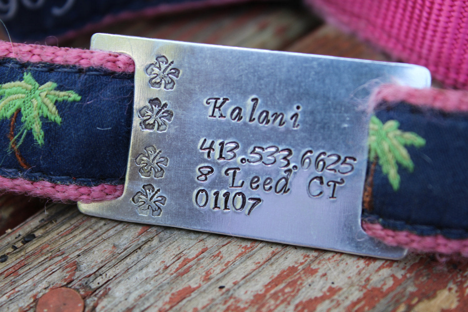 Custom Pet ID Quiet Tag, Slide On Dog ID Tag, Personalized Dog ID Tag, The Hibiscus
