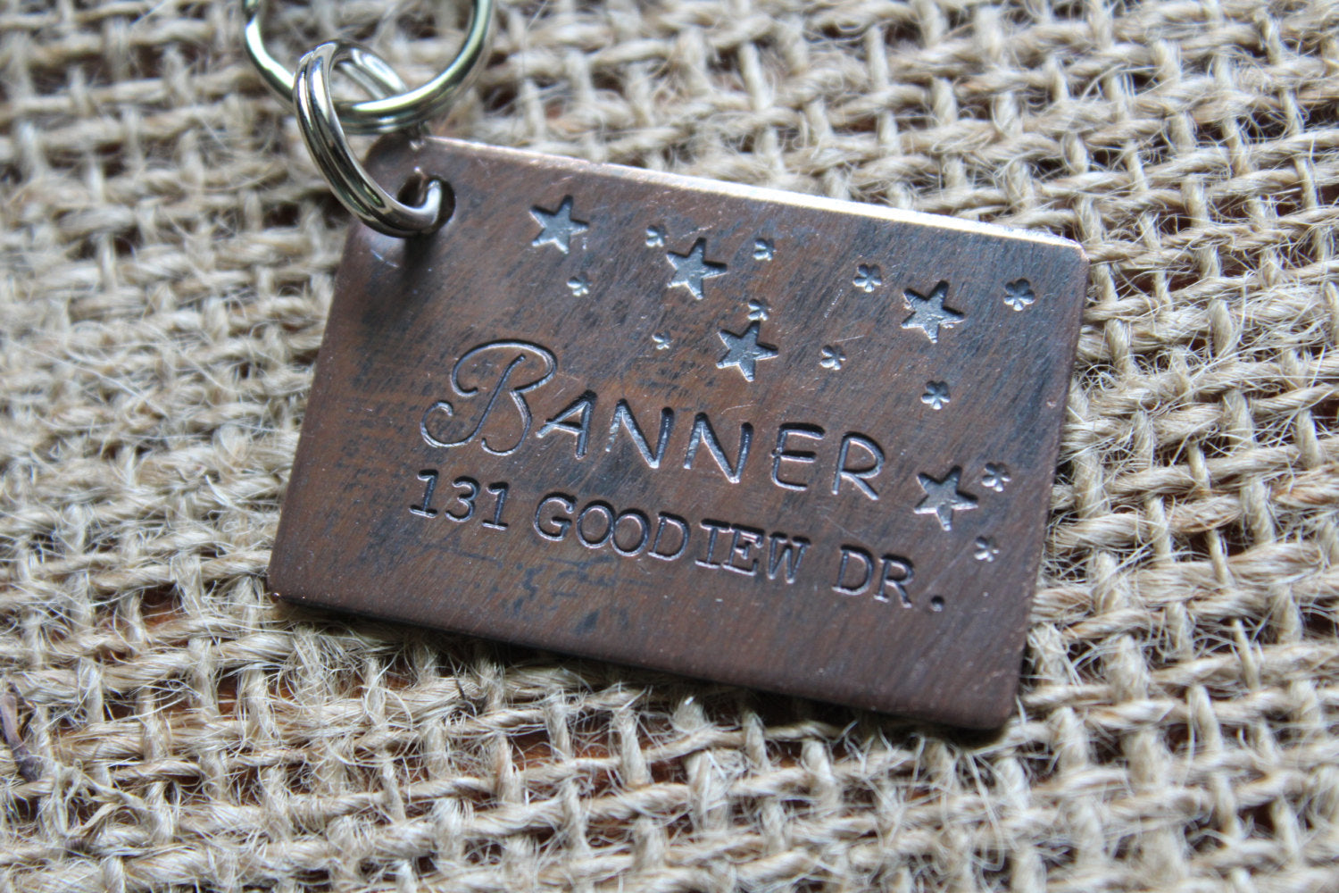 Custom Hand Stamped Dog ID Tag, The Banner, Personalized Dog Tag, Tag with Stars, Tag for Large Dog, Copper Dog Tag, Aluminum Pet ID Tag