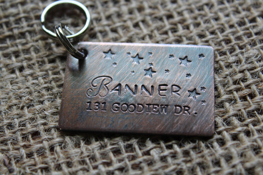 Custom Hand Stamped Dog ID Tag, The Banner, Personalized Dog Tag, Tag with Stars, Tag for Large Dog, Copper Dog Tag, Aluminum Pet ID Tag