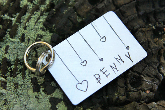 Custom Hand Stamped Dog ID Tag, Heart Strings, Personalized Dog Tag, Tag with Hearts, Tag for Large Dog, Copper Dog Tag, Aluminum Pet ID Tag